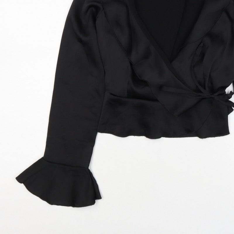 Boohoo Women’s Black Size 14 Satin Wrap Ruffle Flared Sleeve Blouse