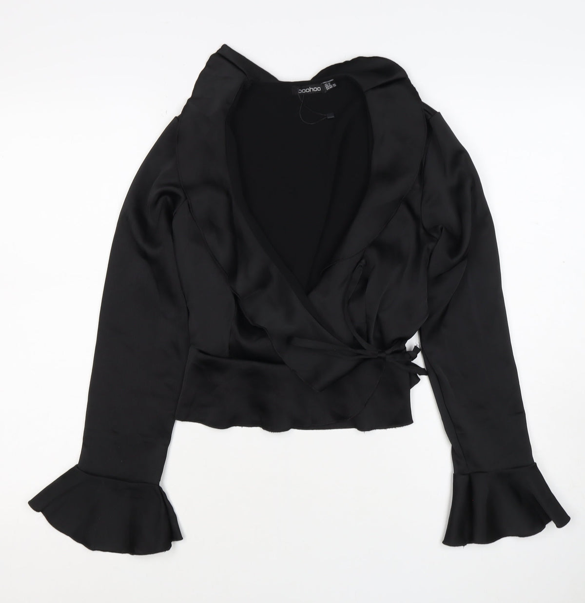Boohoo Women’s Black Size 14 Satin Wrap Ruffle Flared Sleeve Blouse
