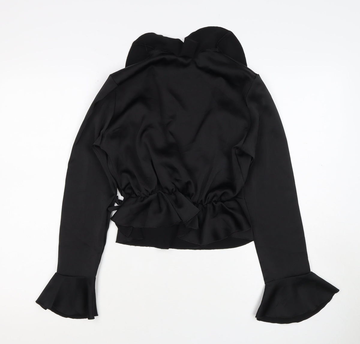 Boohoo Women’s Black Size 14 Satin Wrap Ruffle Flared Sleeve Blouse