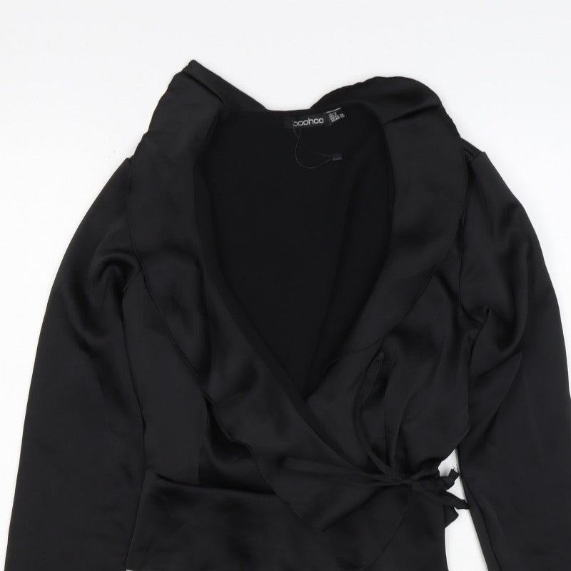 Boohoo Women’s Black Size 14 Satin Wrap Ruffle Flared Sleeve Blouse