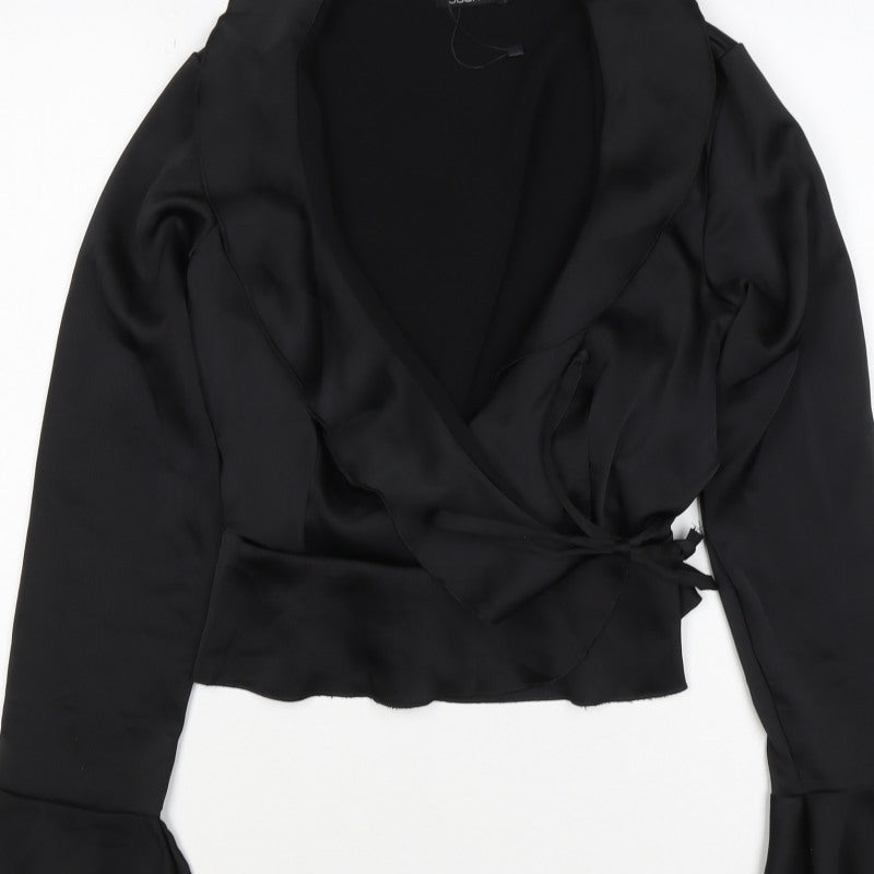 Boohoo Women’s Black Size 14 Satin Wrap Ruffle Flared Sleeve Blouse