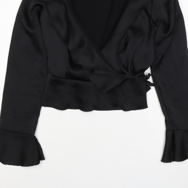 Boohoo Women’s Black Size 14 Satin Wrap Ruffle Flared Sleeve Blouse