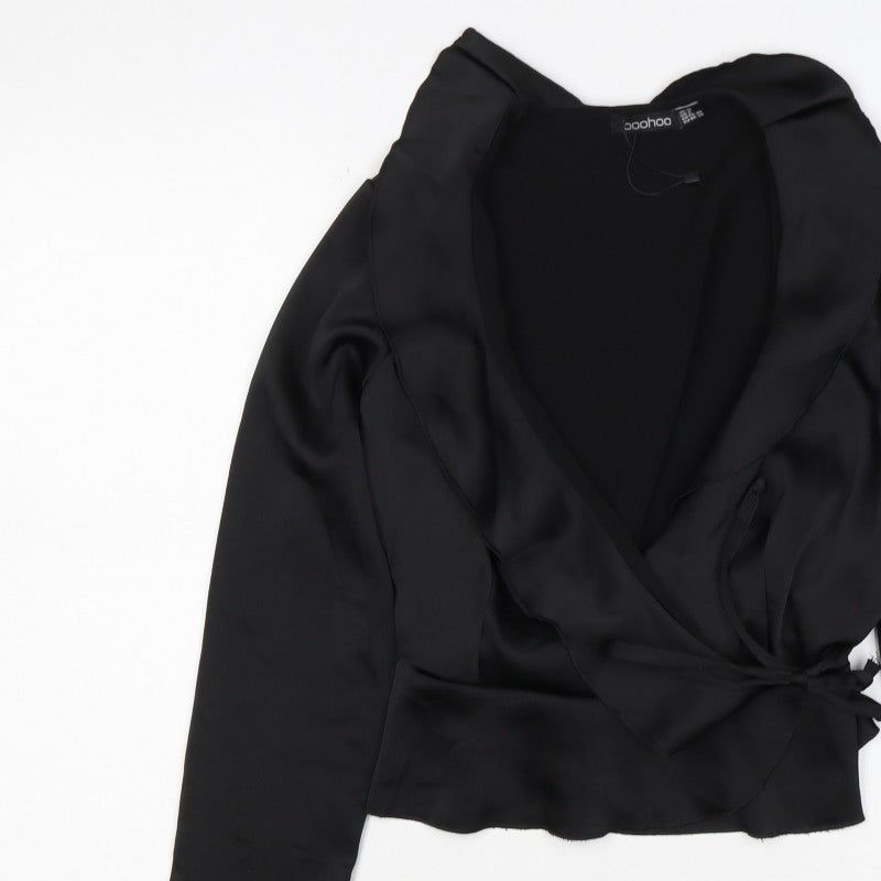 Boohoo Women’s Black Size 14 Satin Wrap Ruffle Flared Sleeve Blouse