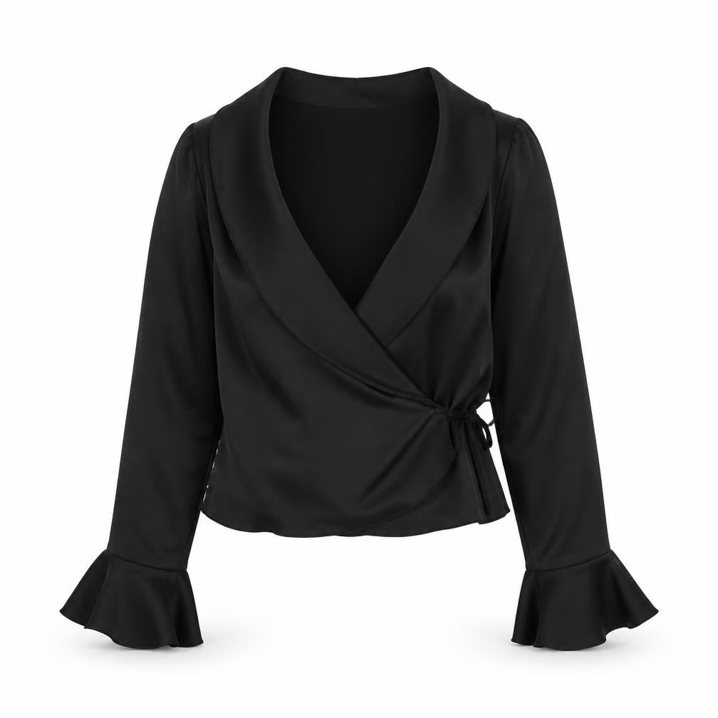 Boohoo Women’s Black Size 14 Satin Wrap Ruffle Flared Sleeve Blouse