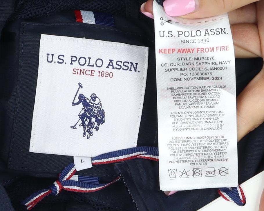 U.S. Polo Assn. Men's Blue L Hooded Full Zip Windbreaker Jacket