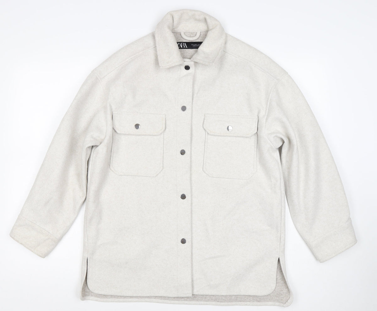 Zara Women Ivory S Fleece Shacket Snap Button Pocket Jacket