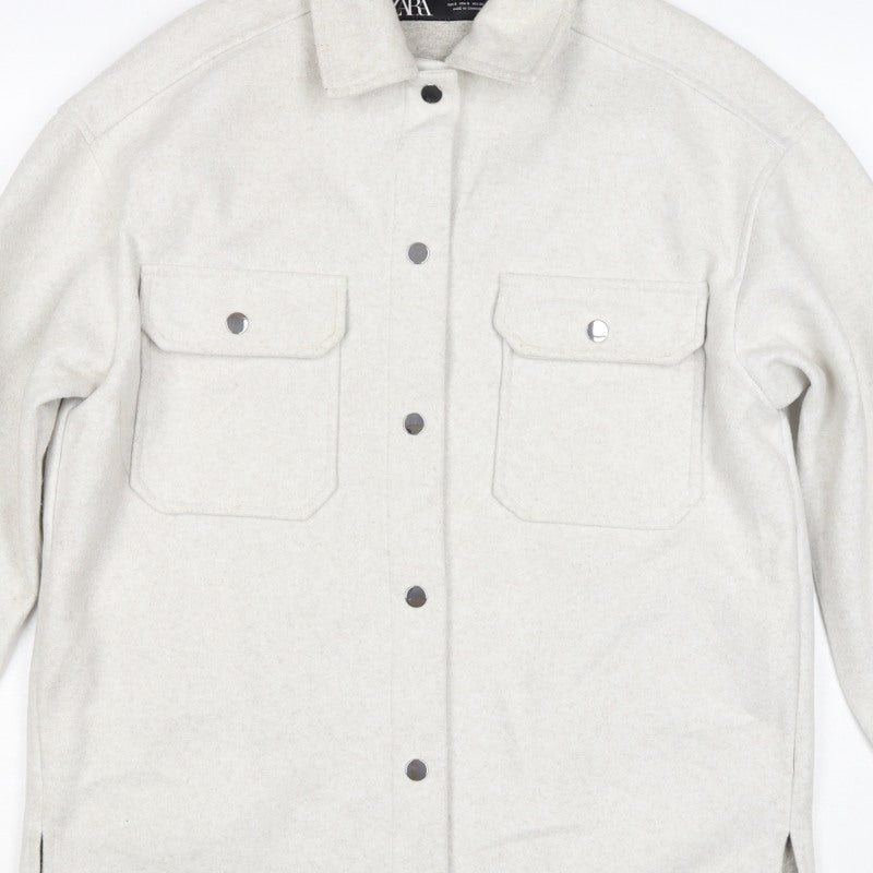 Zara Women Ivory S Fleece Shacket Snap Button Pocket Jacket