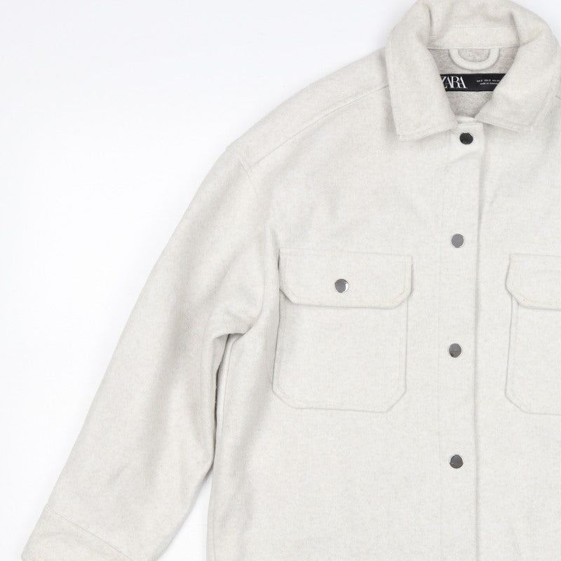 Zara Women Ivory S Fleece Shacket Snap Button Pocket Jacket