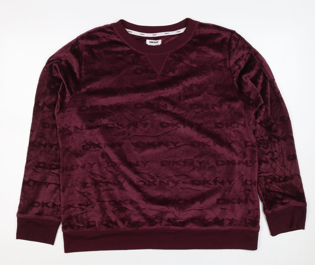 DKNY Women’s Burgundy XL Velour Logo Pullover Sweatshirt Crew Neck