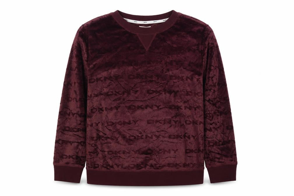 DKNY Women’s Burgundy XL Velour Logo Pullover Sweatshirt Crew Neck