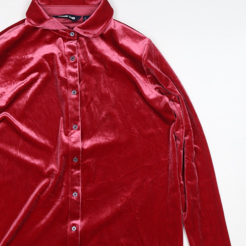 Lands' End Women Red S Velvet Button-Up Collared Long Sleeve Shirt