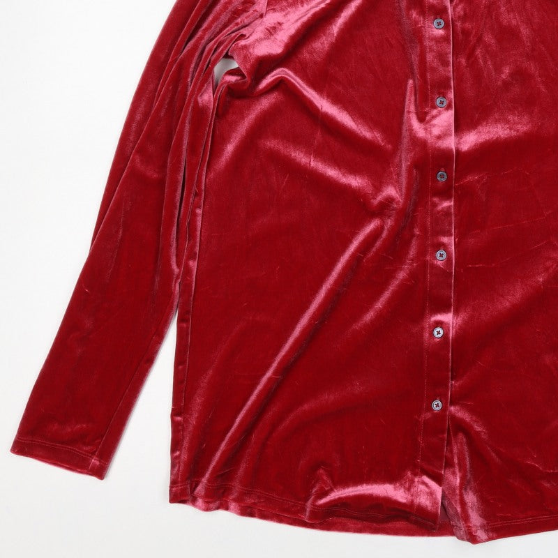 Lands' End Women Red S Velvet Button-Up Collared Long Sleeve Shirt