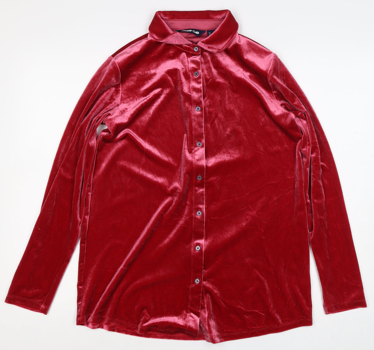 Lands' End Women Red S Velvet Button-Up Collared Long Sleeve Shirt
