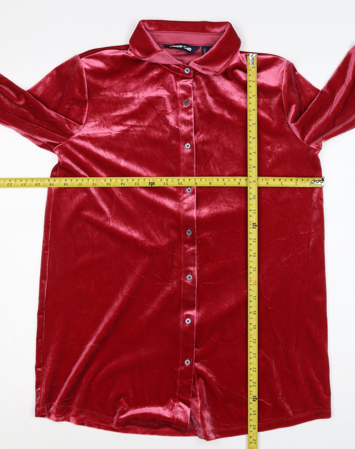 Lands' End Women Red S Velvet Button-Up Collared Long Sleeve Shirt