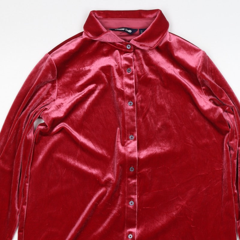 Lands' End Women Red S Velvet Button-Up Collared Long Sleeve Shirt