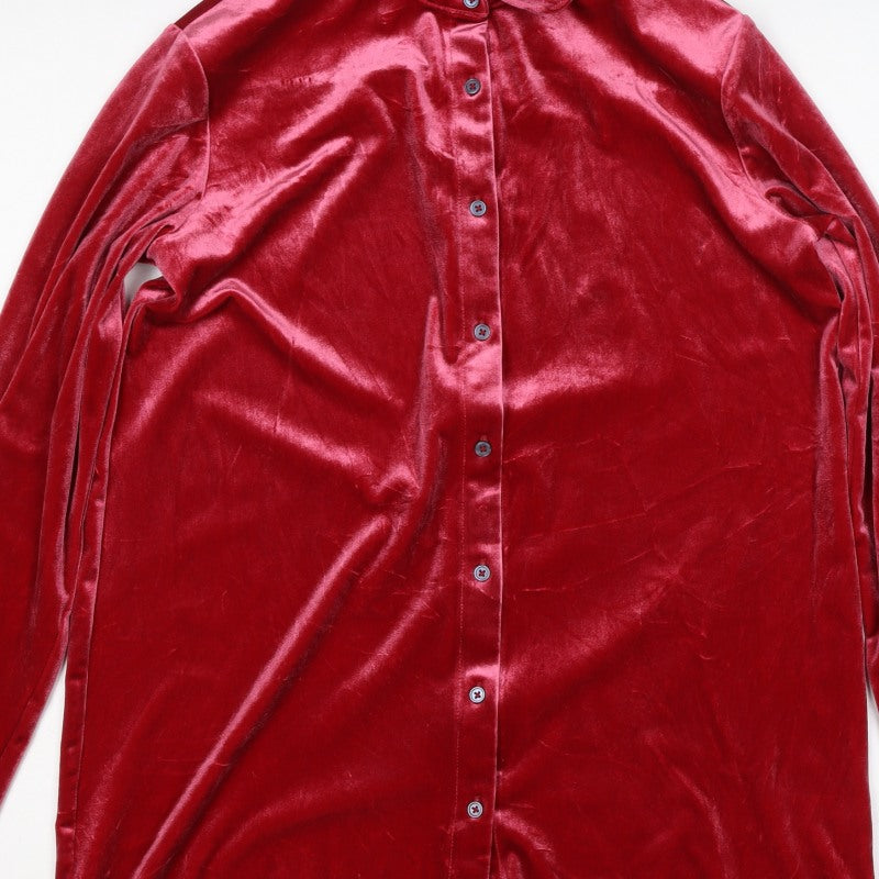 Lands' End Women Red S Velvet Button-Up Collared Long Sleeve Shirt