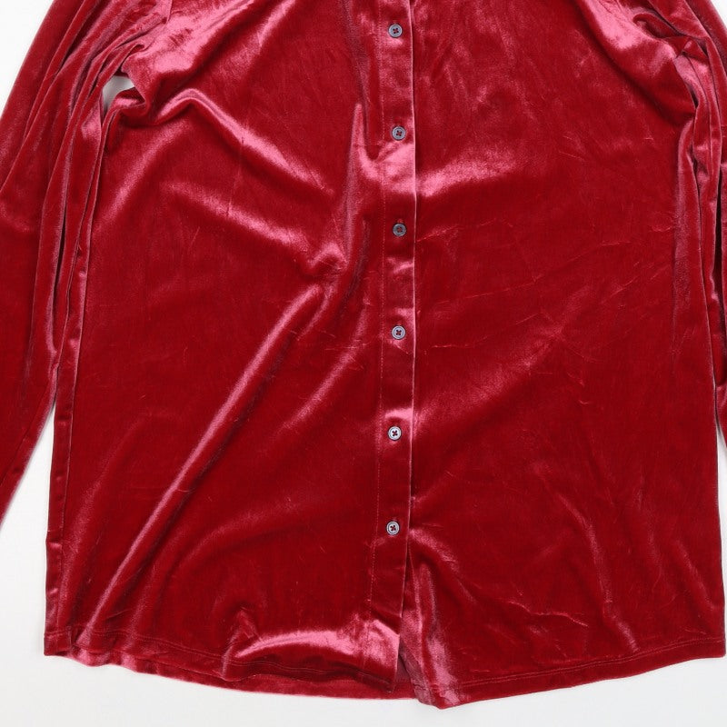Lands' End Women Red S Velvet Button-Up Collared Long Sleeve Shirt