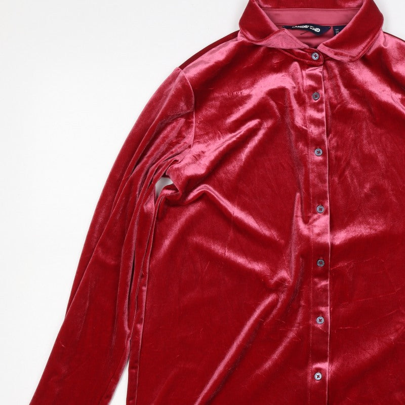 Lands' End Women Red S Velvet Button-Up Collared Long Sleeve Shirt