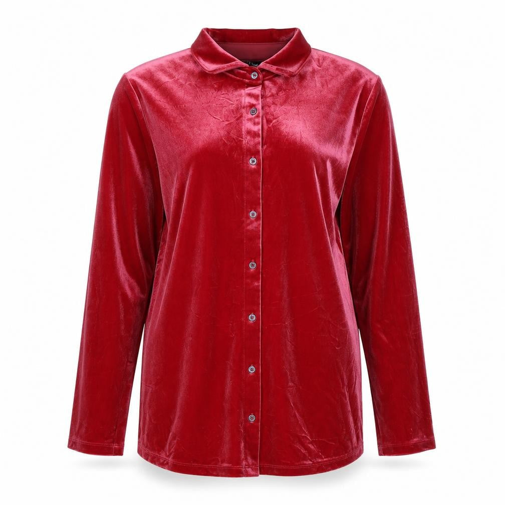 Lands' End Women Red S Velvet Button-Up Collared Long Sleeve Shirt