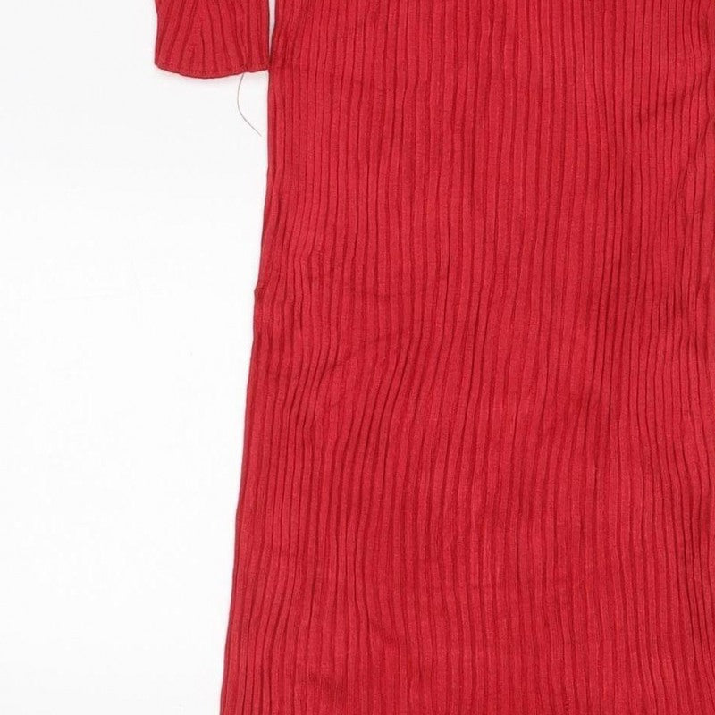 Superdry Women Red UK 10 Ribbed Knit Midi Bodycon Long Sleeve Dress