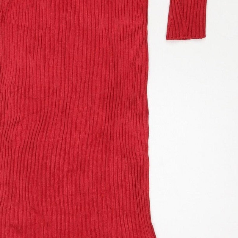 Superdry Women Red UK 10 Ribbed Knit Midi Bodycon Long Sleeve Dress