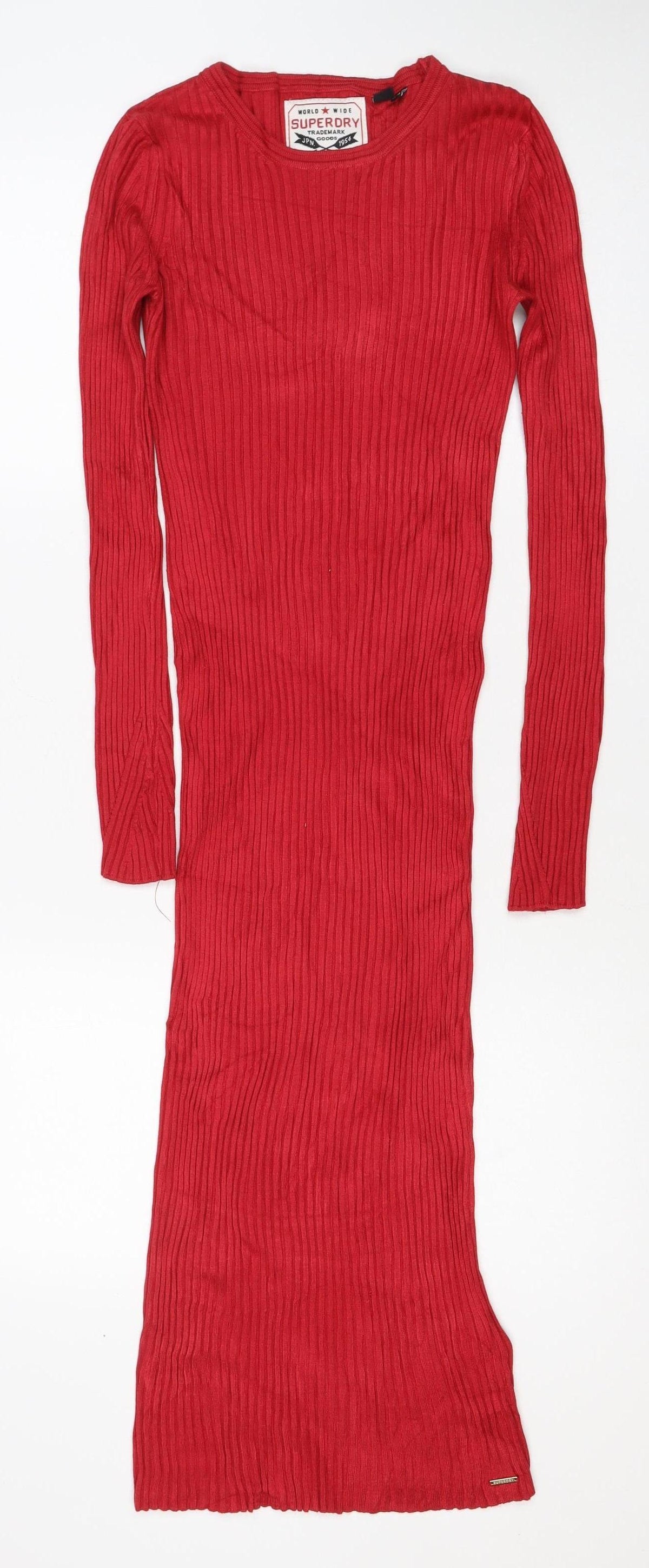 Superdry Women Red UK 10 Ribbed Knit Midi Bodycon Long Sleeve Dress