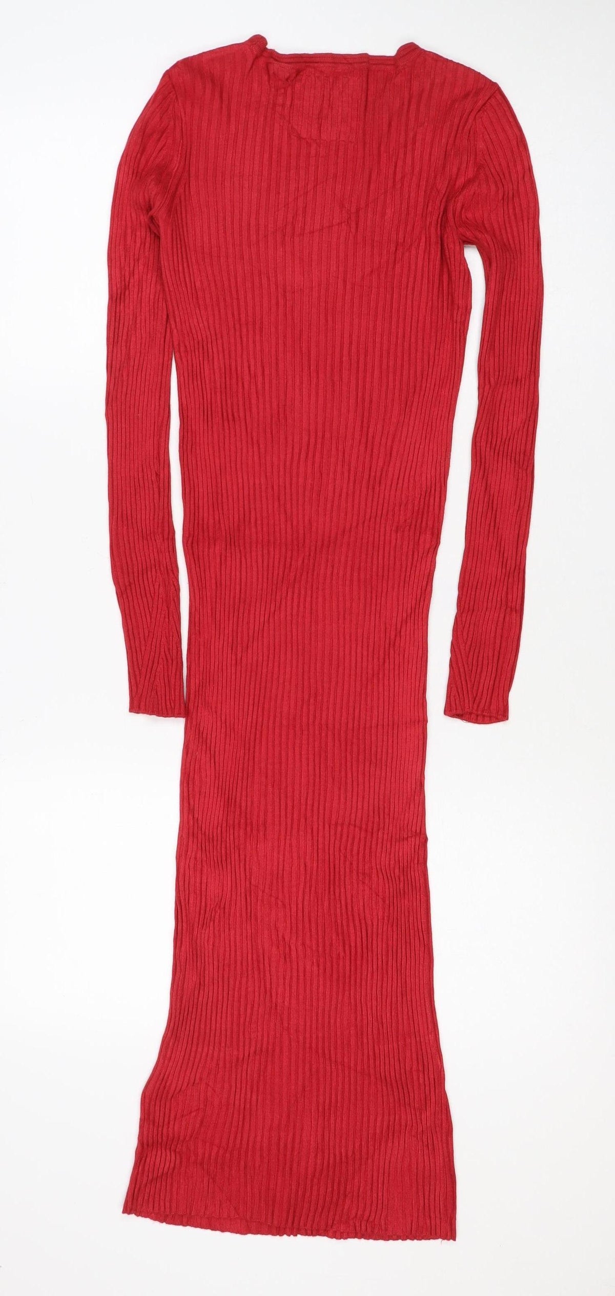 Superdry Women Red UK 10 Ribbed Knit Midi Bodycon Long Sleeve Dress