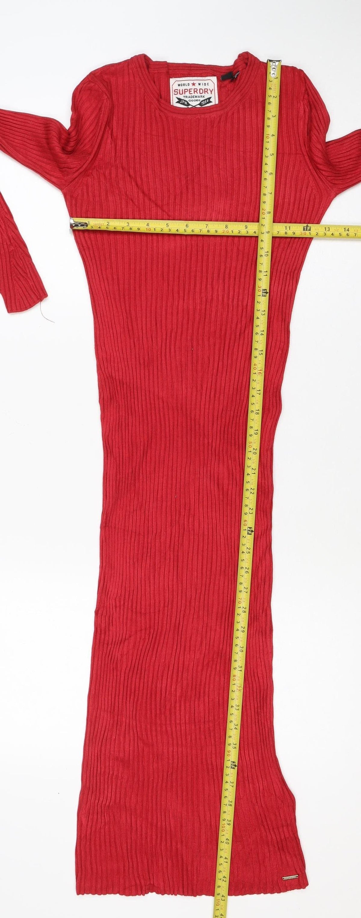 Superdry Women Red UK 10 Ribbed Knit Midi Bodycon Long Sleeve Dress