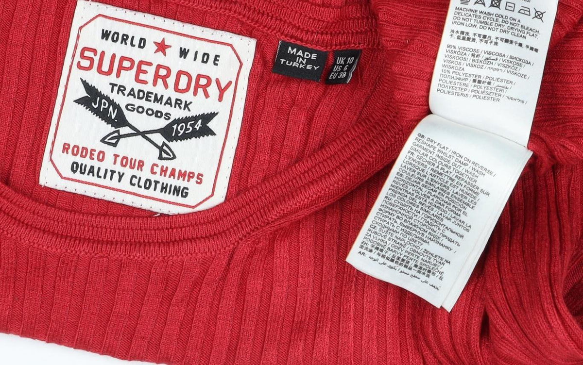 Superdry Women Red UK 10 Ribbed Knit Midi Bodycon Long Sleeve Dress