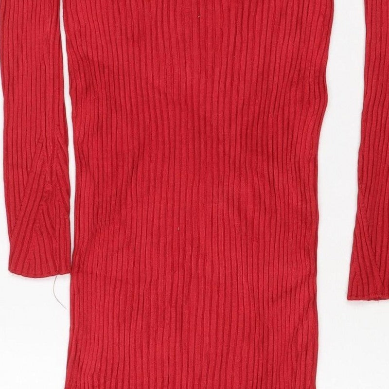 Superdry Women Red UK 10 Ribbed Knit Midi Bodycon Long Sleeve Dress