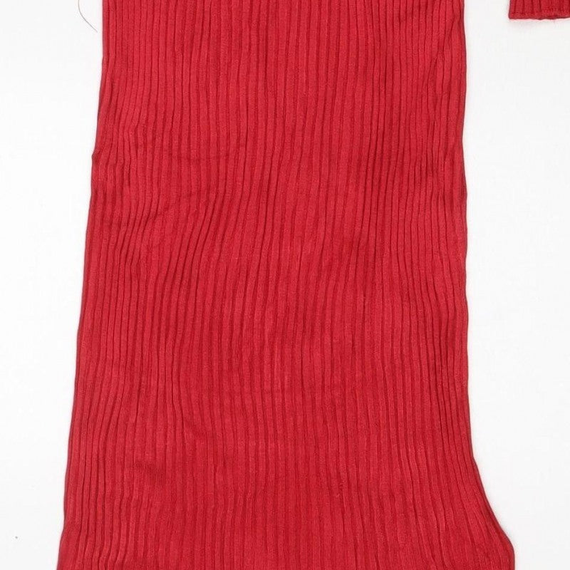 Superdry Women Red UK 10 Ribbed Knit Midi Bodycon Long Sleeve Dress