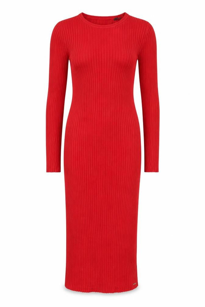 Superdry Women Red UK 10 Ribbed Knit Midi Bodycon Long Sleeve Dress
