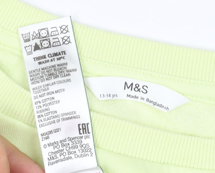 M&S Girls Green White Colourblock Pullover Sweatshirt 13-14 Years