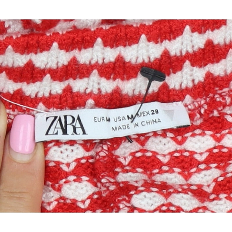 Zara Women Red White Striped Knit Flared Trousers Size M