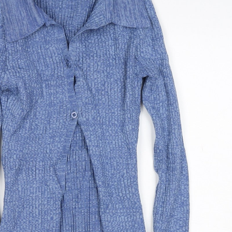 PrettyLittleThing Women Blue S Rib Knit Collared Button Cardigan