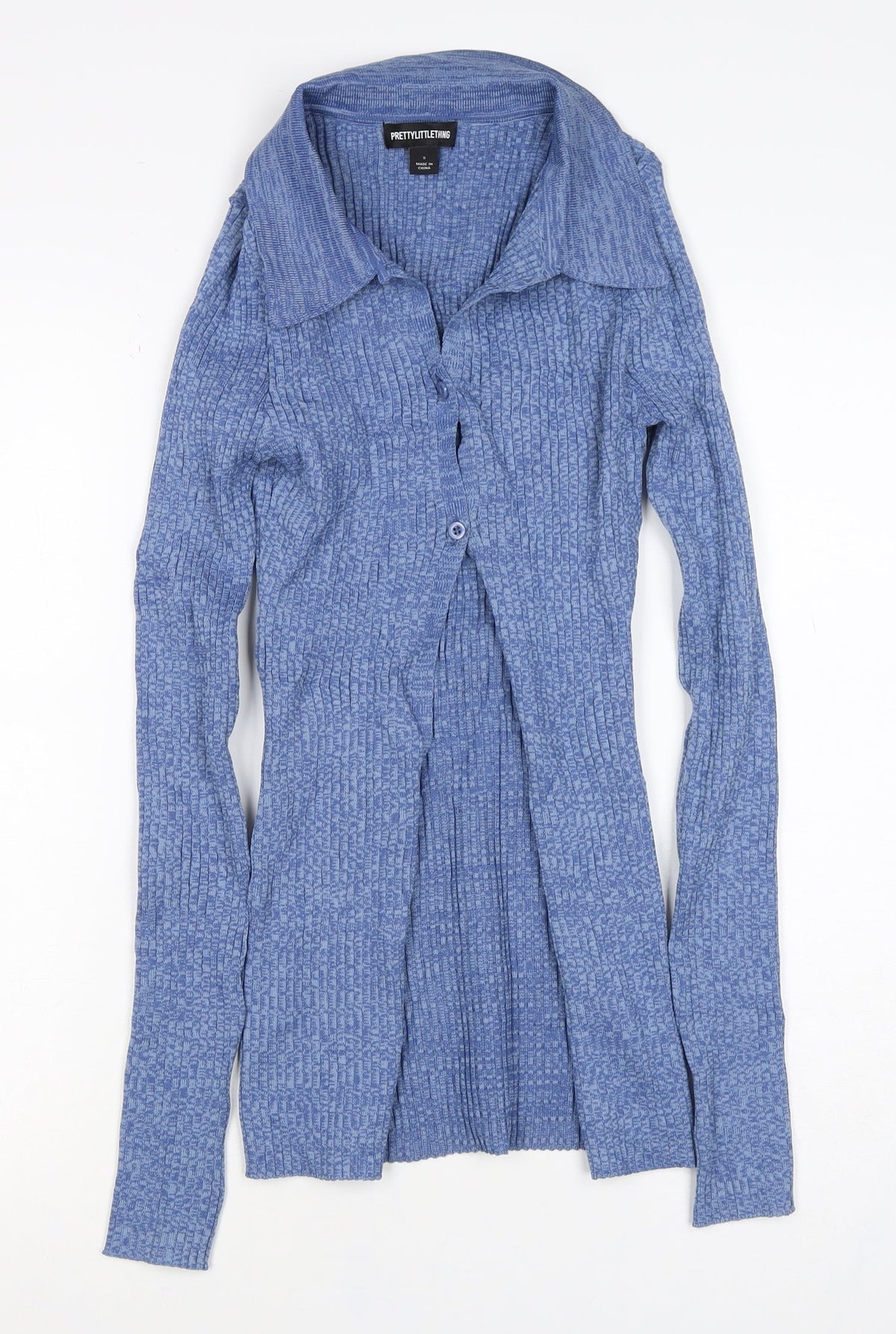 PrettyLittleThing Women Blue S Rib Knit Collared Button Cardigan
