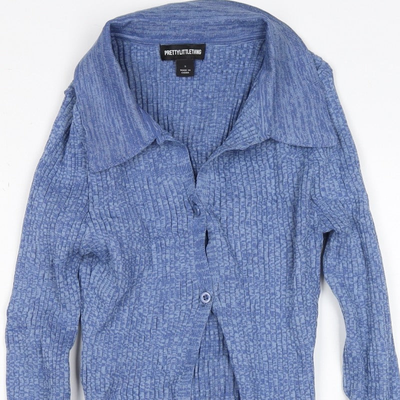 PrettyLittleThing Women Blue S Rib Knit Collared Button Cardigan