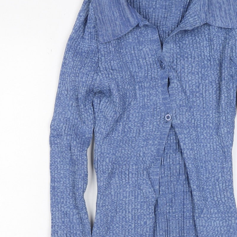 PrettyLittleThing Women Blue S Rib Knit Collared Button Cardigan