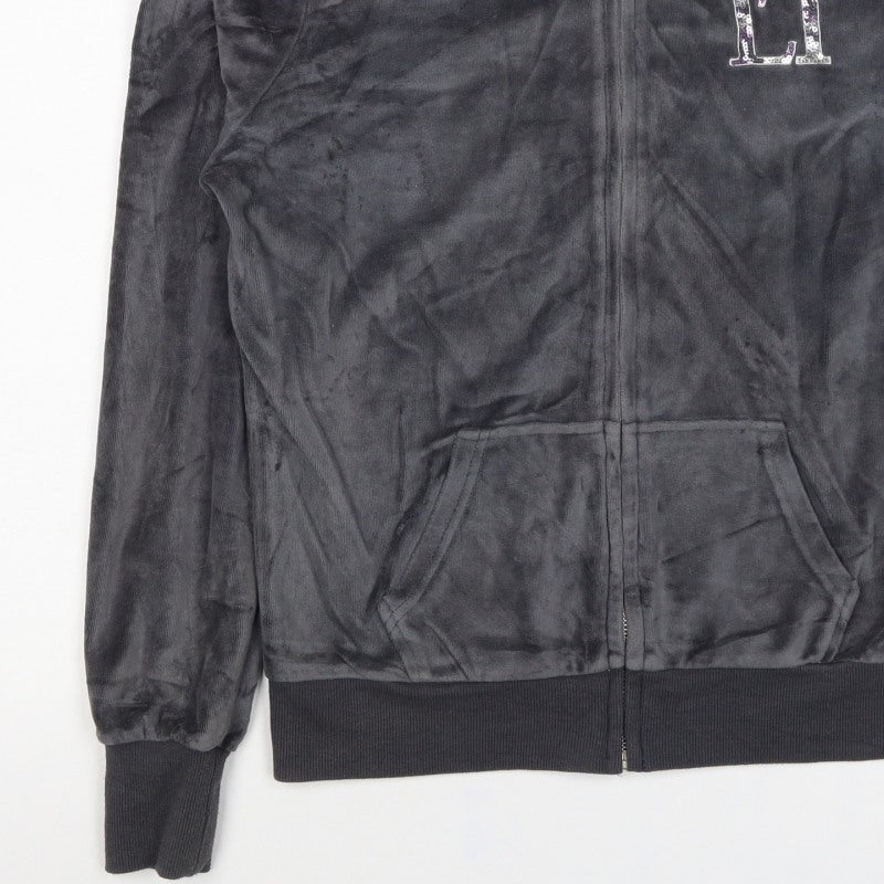 Lipsy Women Black Velour Full Zip Hoodie UK 14 Sequin Logo