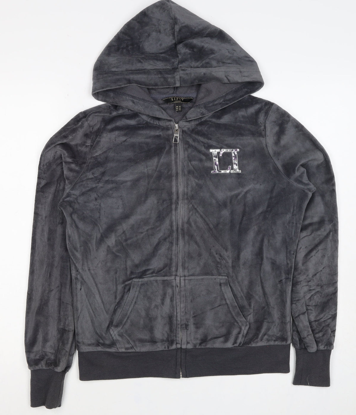 Lipsy Women Black Velour Full Zip Hoodie UK 14 Sequin Logo