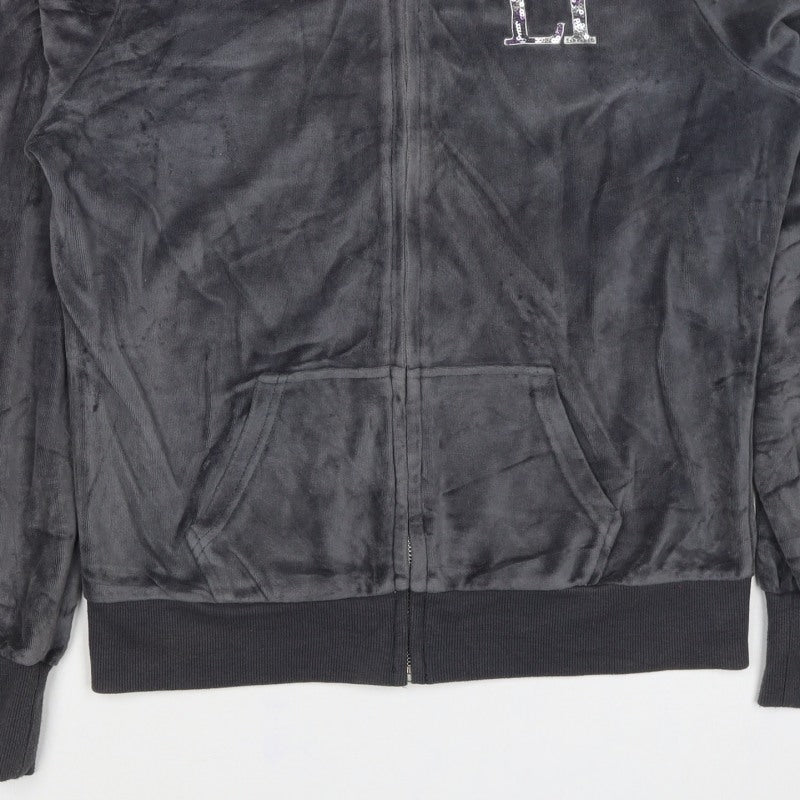 Lipsy Women Black Velour Full Zip Hoodie UK 14 Sequin Logo