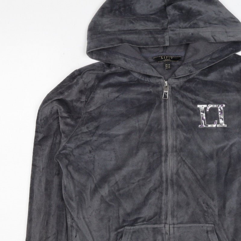 Lipsy Women Black Velour Full Zip Hoodie UK 14 Sequin Logo