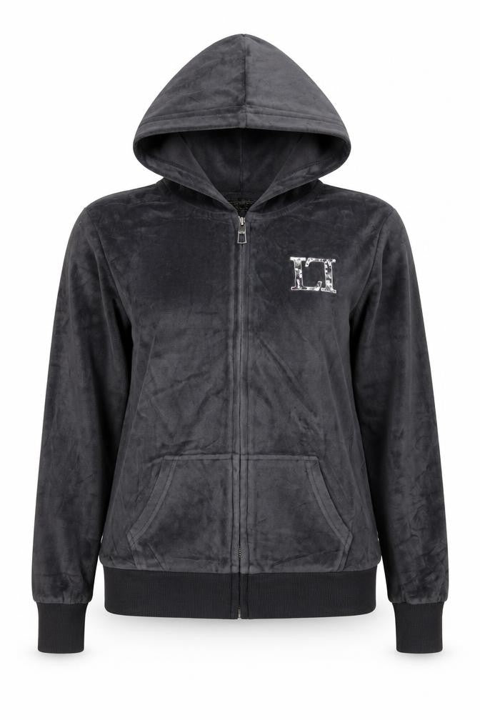 Lipsy Women Black Velour Full Zip Hoodie UK 14 Sequin Logo