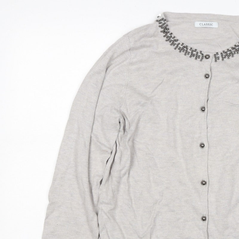 M&S Women Grey Size 16 Beaded Round Neck Classic Knit Cardigan