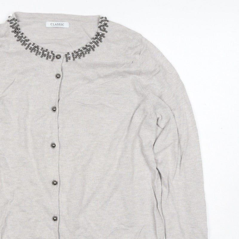 M&S Women Grey Size 16 Beaded Round Neck Classic Knit Cardigan