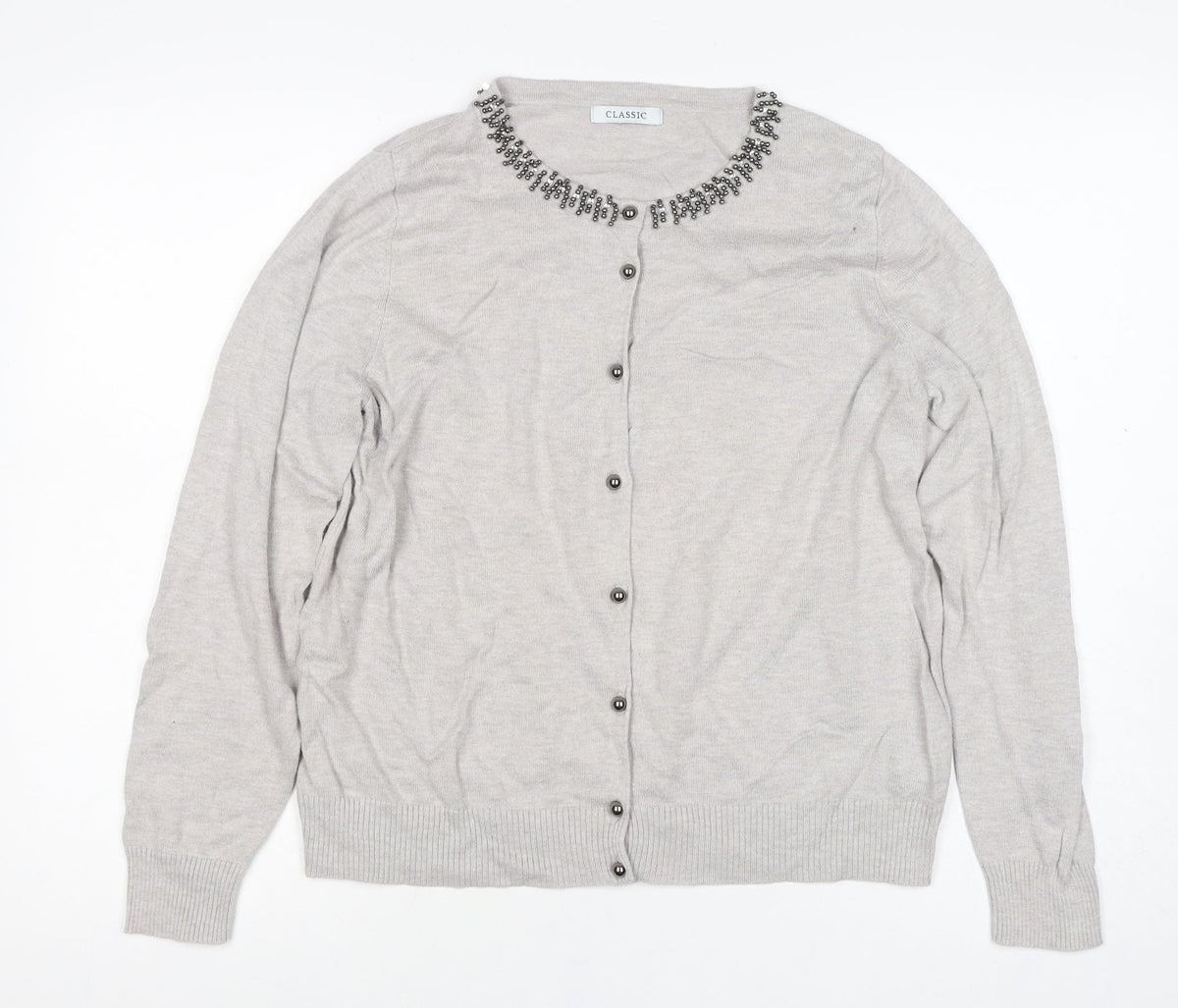 M&S Women Grey Size 16 Beaded Round Neck Classic Knit Cardigan