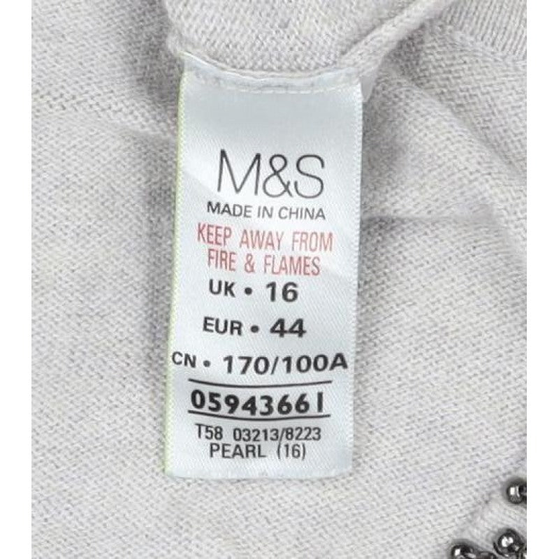 M&S Women Grey Size 16 Beaded Round Neck Classic Knit Cardigan