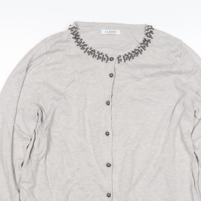 M&S Women Grey Size 16 Beaded Round Neck Classic Knit Cardigan