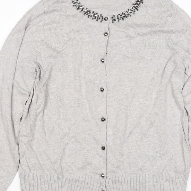 M&S Women Grey Size 16 Beaded Round Neck Classic Knit Cardigan