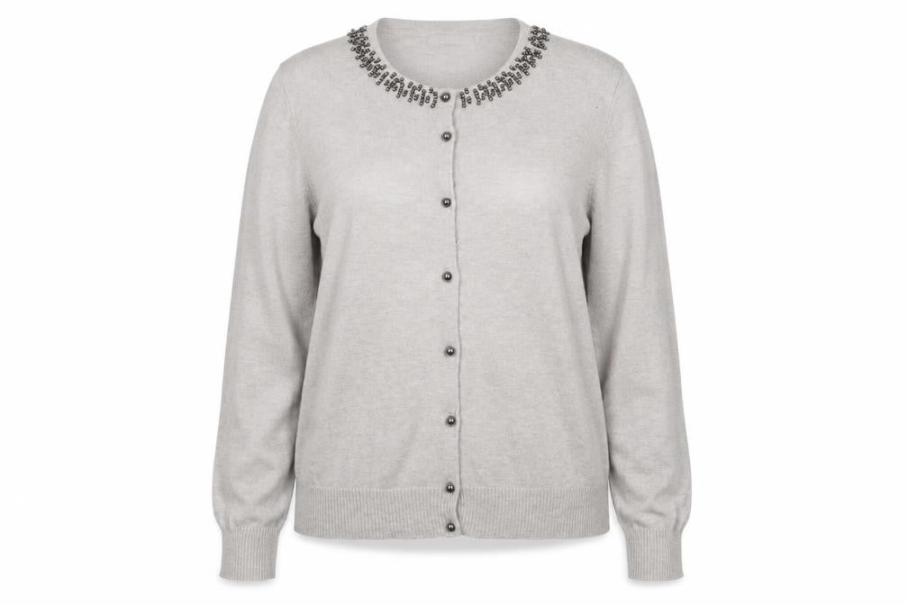 M&S Women Grey Size 16 Beaded Round Neck Classic Knit Cardigan